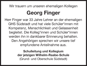 Traueranzeige von Georg Finger von Deister- und Weserzeitung