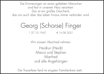 Traueranzeige von Georg Finger von Deister- und Weserzeitung