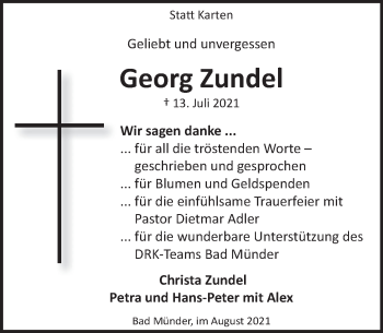 Traueranzeige von Georg Zundel von Neue Deister-Zeitung