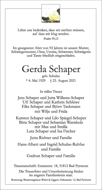 Traueranzeige von Gerda Schaper von Deister- und Weserzeitung