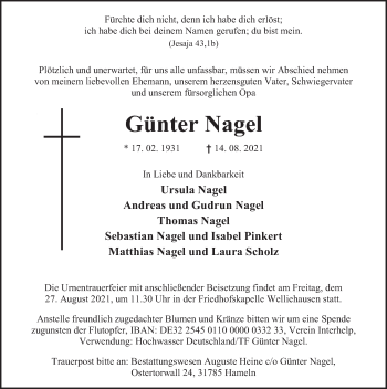 Traueranzeige von Günter Nagel von Deister- und Weserzeitung