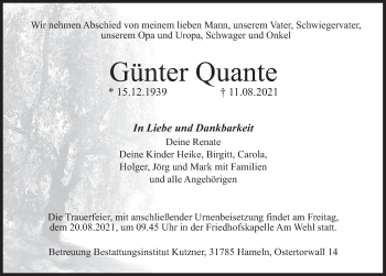 Traueranzeige von Günter Quante von Deister- und Weserzeitung