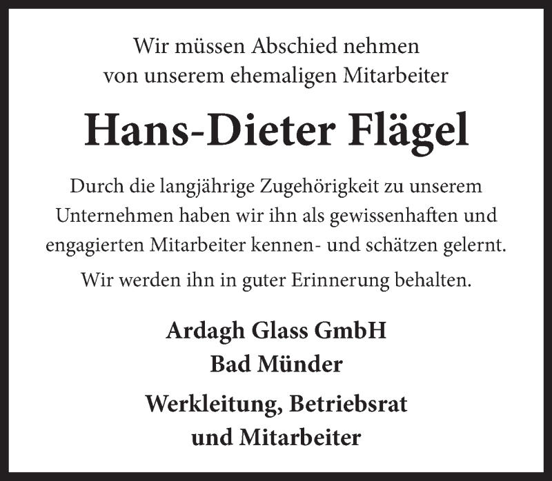  Traueranzeige für Hans-Dieter Flägel vom 21.08.2021 aus Neue Deister-Zeitung