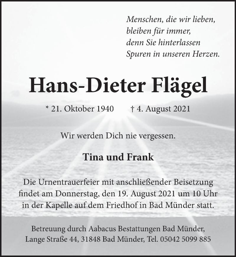  Traueranzeige für Hans-Dieter Flägel vom 14.08.2021 aus Neue Deister-Zeitung
