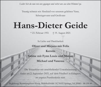 Traueranzeige von Hans-Dieter Geide von Neue Deister-Zeitung