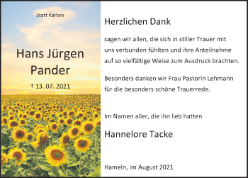Traueranzeige von Hans Jürgen Pander von Deister- und Weserzeitung