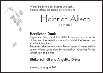 Traueranzeige von Heinrich Alisch von Deister- und Weserzeitung