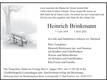 Traueranzeige von Heinrich Brinkmann von Deister- und Weserzeitung