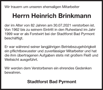 Traueranzeige von Heinrich Brinkmann von Deister- und Weserzeitung