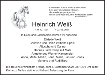 Traueranzeige von Heinrich Weiß von Deister- und Weserzeitung
