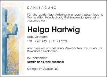 Traueranzeige von Helga Hartwig von Neue Deister-Zeitung