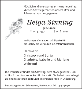 Traueranzeige von Helga Sinning von Deister- und Weserzeitung