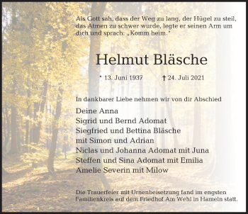 Traueranzeige von Helmut Bläsche von Deister- und Weserzeitung