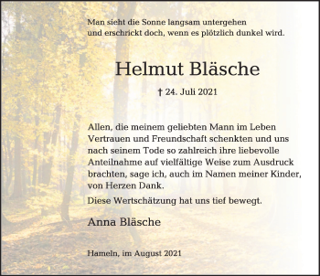 Traueranzeige von Helmut Bläsche von Deister- und Weserzeitung