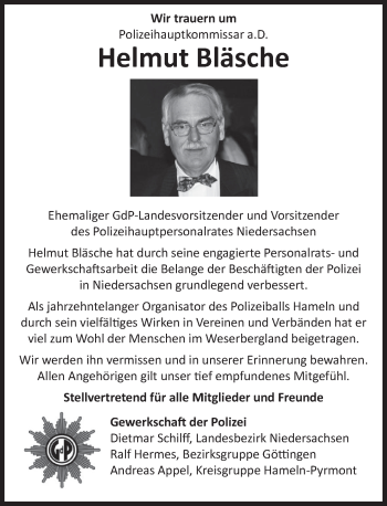 Traueranzeige von Helmut Bläsche von Deister- und Weserzeitung