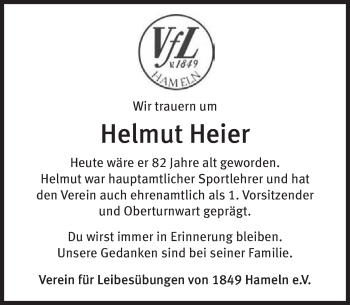 Traueranzeige von Helmut Heier von Deister- und Weserzeitung
