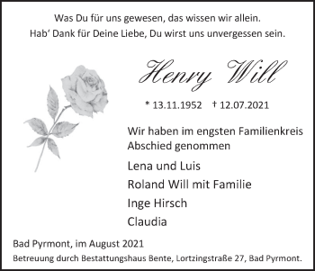 Traueranzeige von Henry Will von Deister- und Weserzeitung