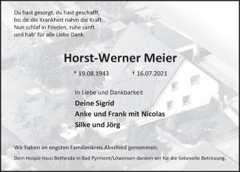 Traueranzeige von Horst-Werner Meier von Deister- und Weserzeitung
