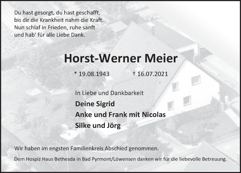  Traueranzeige für Horst-Werner Meier vom 14.08.2021 aus Deister- und Weserzeitung