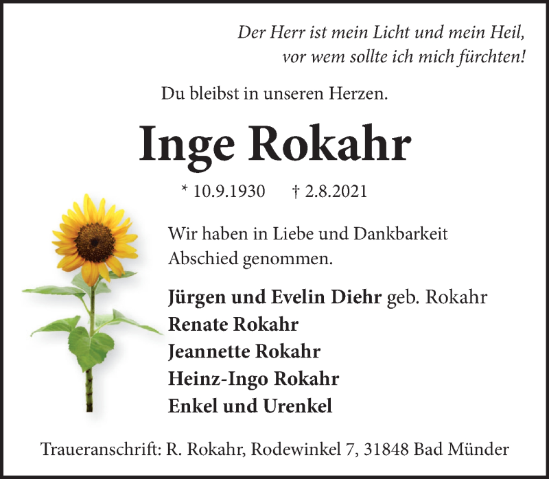  Traueranzeige für Inge Rokahr vom 17.08.2021 aus Neue Deister-Zeitung
