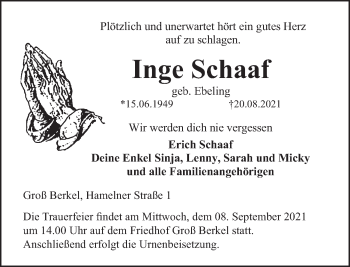 Traueranzeige von Inge Schaaf von Deister- und Weserzeitung