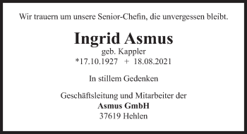 Traueranzeige von Ingrid Asmus von Deister- und Weserzeitung