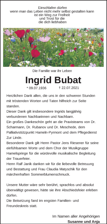Traueranzeige von Ingrid Bubat von Neue Deister-Zeitung