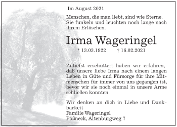 Traueranzeige von Irma Wageringel von Deister- und Weserzeitung