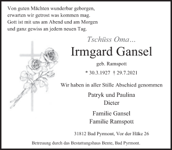 Traueranzeige von Irmgard Gansel von Deister- und Weserzeitung