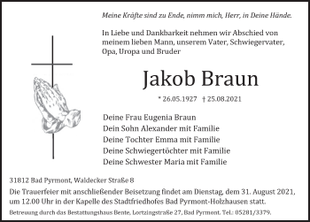 Traueranzeige von Jakob Braun von Deister- und Weserzeitung