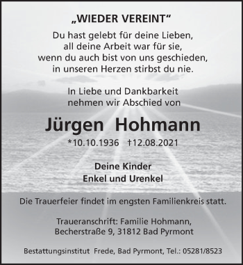 Traueranzeige von Jürgen Hohmann von Deister- und Weserzeitung