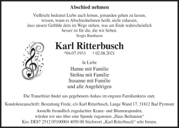 Traueranzeige von Karl Ritterbusch von Deister- und Weserzeitung