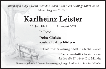 Traueranzeige von Karlheinz Leister von Neue Deister-Zeitung