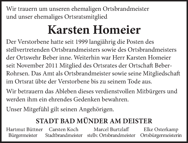  Traueranzeige für Karsten Homeier vom 16.08.2021 aus Neue Deister-Zeitung