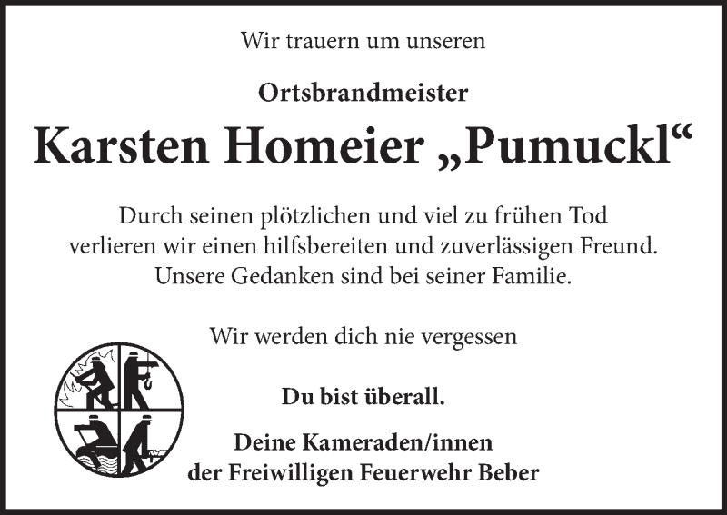  Traueranzeige für Karsten Homeier vom 16.08.2021 aus Neue Deister-Zeitung