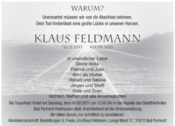 Traueranzeige von Klaus Feldmann von Deister- und Weserzeitung