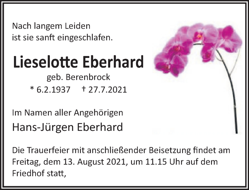  Traueranzeige für Lieselotte Eberhard vom 07.08.2021 aus Deister- und Weserzeitung