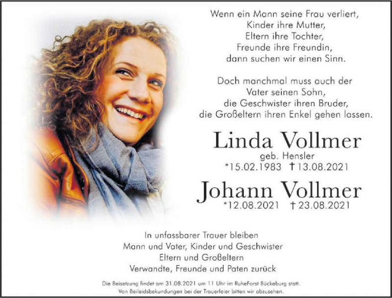  Traueranzeige für Linda Vollmer vom 28.08.2021 aus Deister- und Weserzeitung