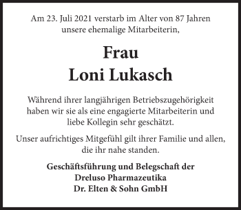 Traueranzeige von Loni Lukasch von Deister- und Weserzeitung