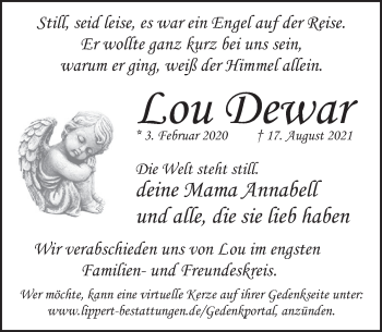 Traueranzeige von Lou Dewar von Deister- und Weserzeitung