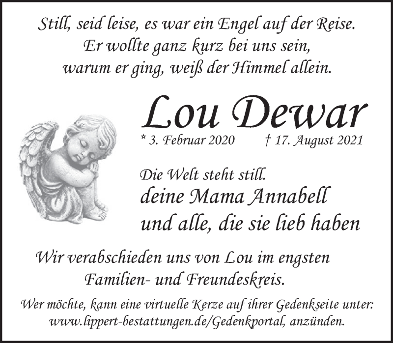  Traueranzeige für Lou Dewar vom 21.08.2021 aus Deister- und Weserzeitung