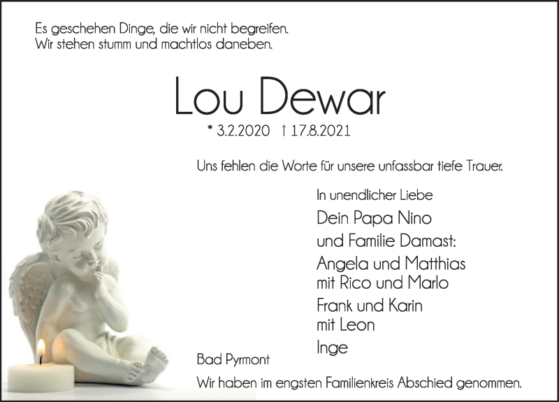  Traueranzeige für Lou Dewar vom 28.08.2021 aus Deister- und Weserzeitung