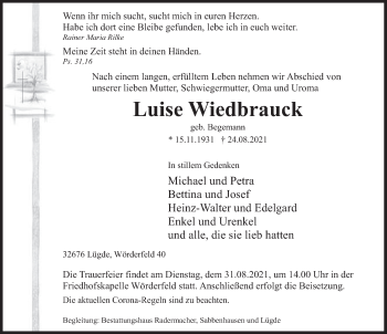 Traueranzeige von Luise Wiedbrauck von Deister- und Weserzeitung