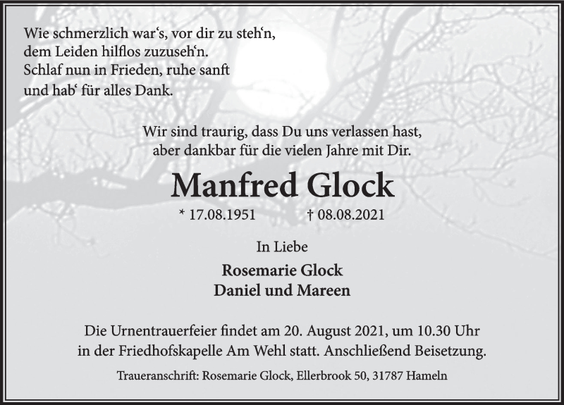  Traueranzeige für Manfred Glock vom 14.08.2021 aus Deister- und Weserzeitung