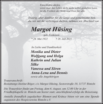 Traueranzeige von Margot Hüsing von Deister- und Weserzeitung