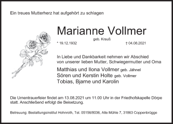 Traueranzeige von Marianne Vollmer von Deister- und Weserzeitung