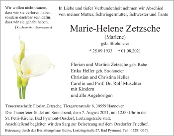 Traueranzeige von Marie-Helene Zetzsche von Deister- und Weserzeitung