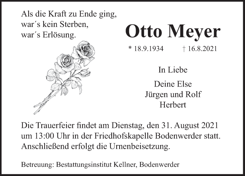  Traueranzeige für Otto Meyer vom 21.08.2021 aus Deister- und Weserzeitung