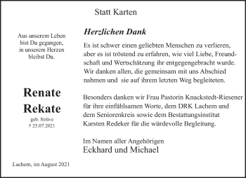 Traueranzeige von Renate Rekate von Deister- und Weserzeitung
