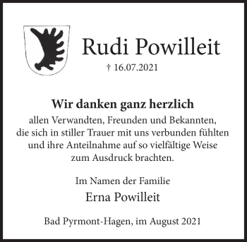 Traueranzeige von Rudi Powilleit von Deister- und Weserzeitung